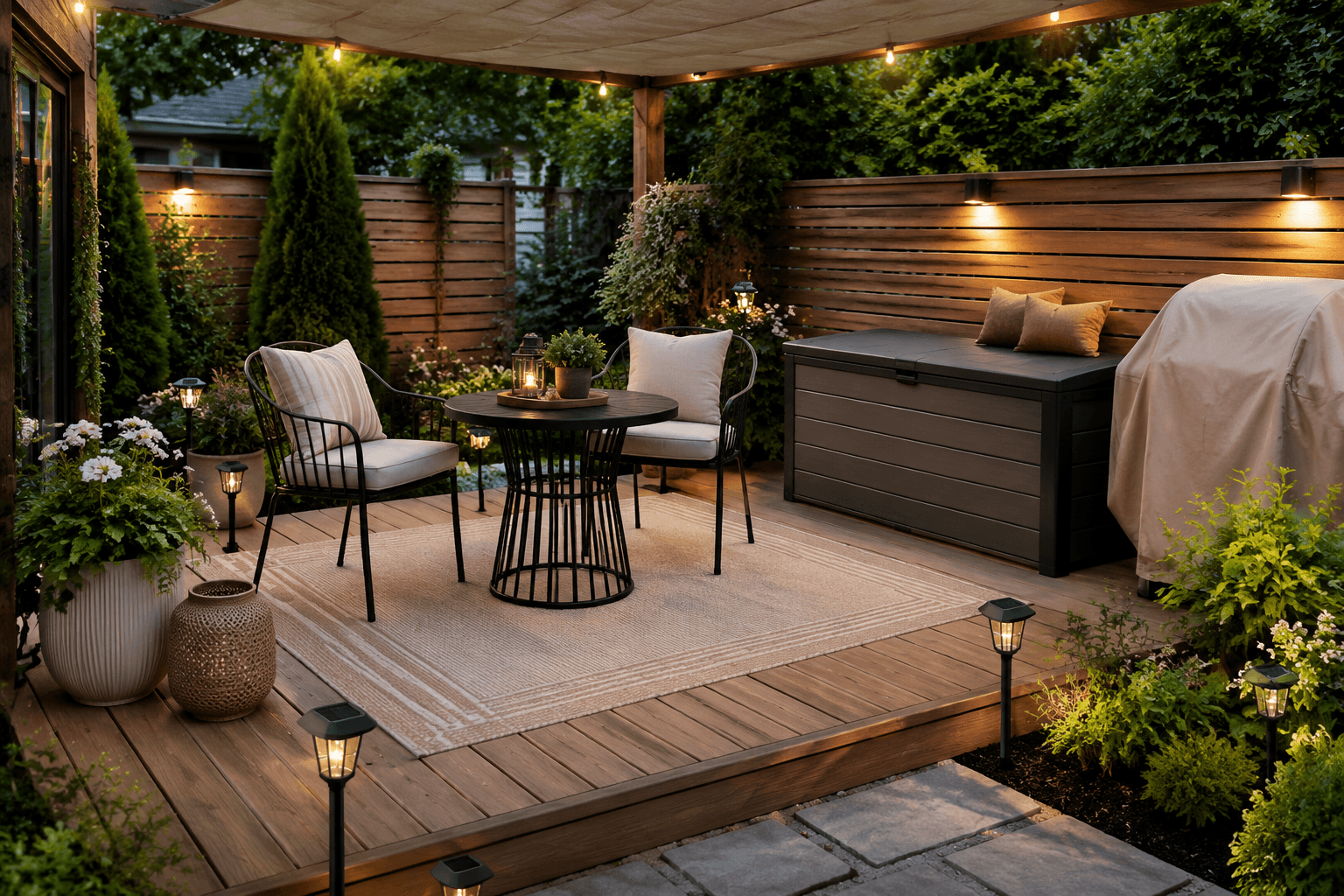 Layered patio layout with shade, cushions, lights, and storage